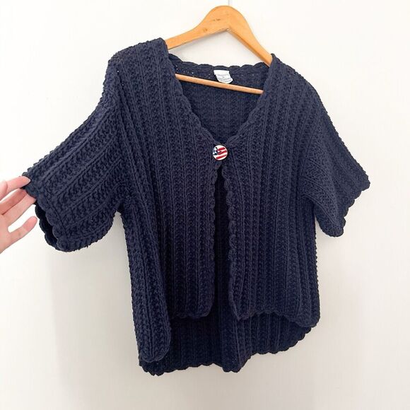 Vintage Cable Knit Fisherman Sweater Womens Medium Navy Cardigan Nautical - Picture 2 of 10